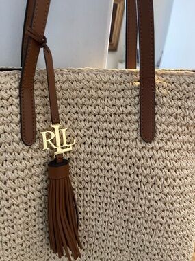 Ralph Lauren Beige Woven Tote with Brown Leather Handles and Tassel